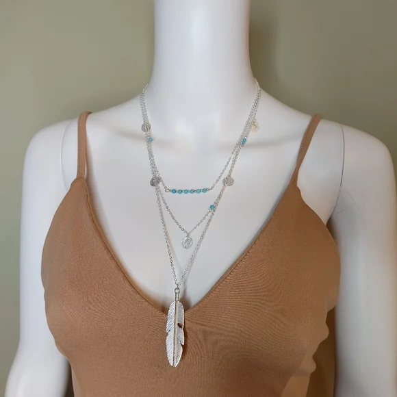 Boho Feather Layered Necklace With Simulated Turquoise Beads - Picture 2 of 7